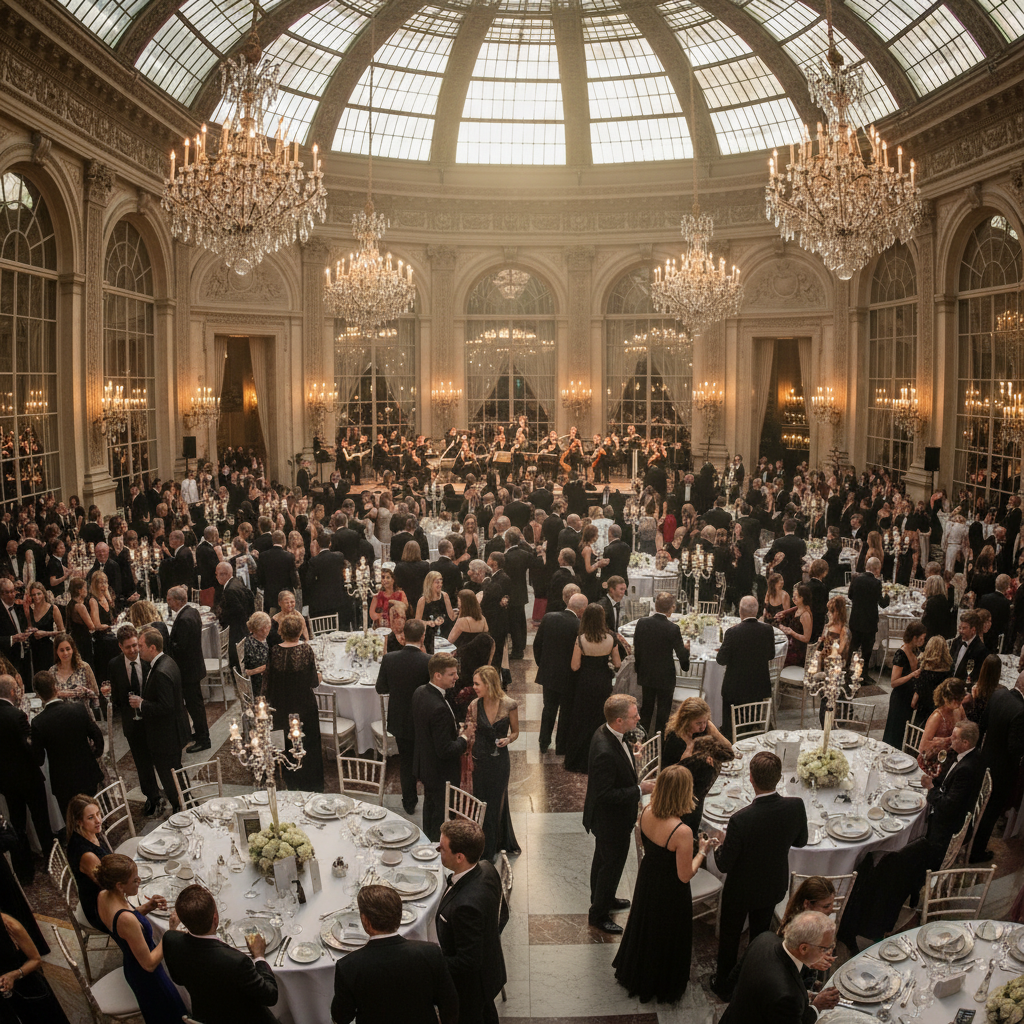 Elegant gala dinner event with round tables and formal decorations
