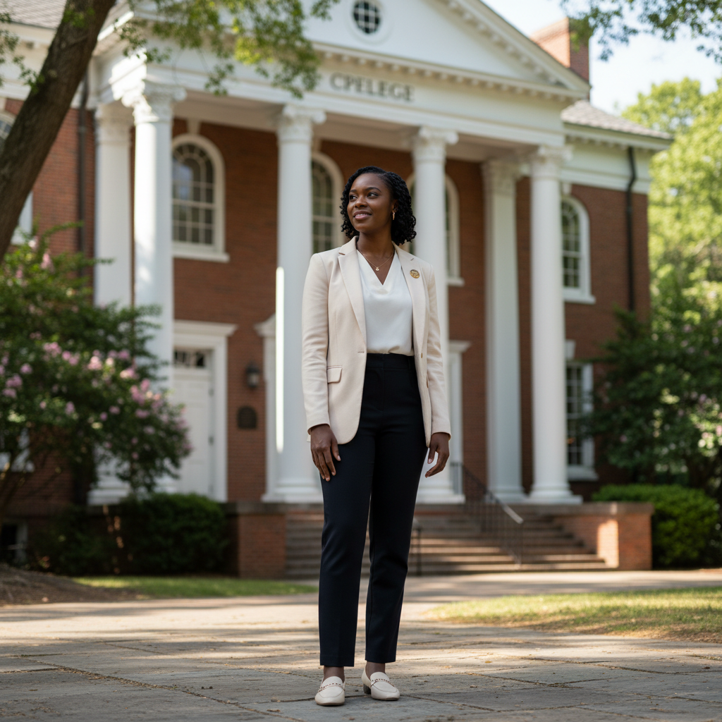 Renée Thibodeau at Spelman College campus, photographed outside main hall