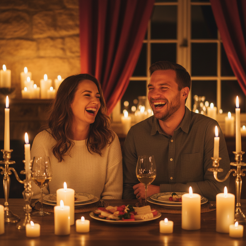 Candlelit dinner table with guests laughing in warm amber light