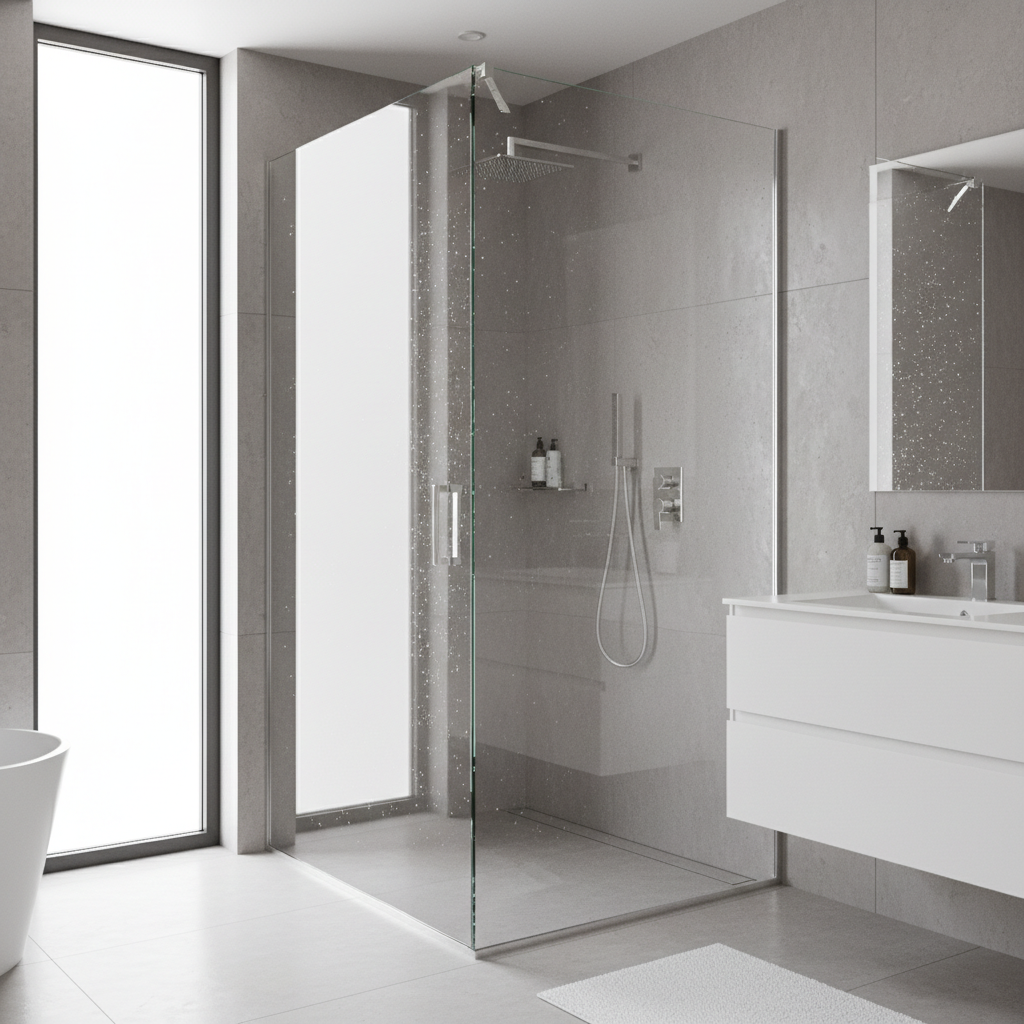 Clean glass shower enclosure in a modern bathroom with no scale buildup