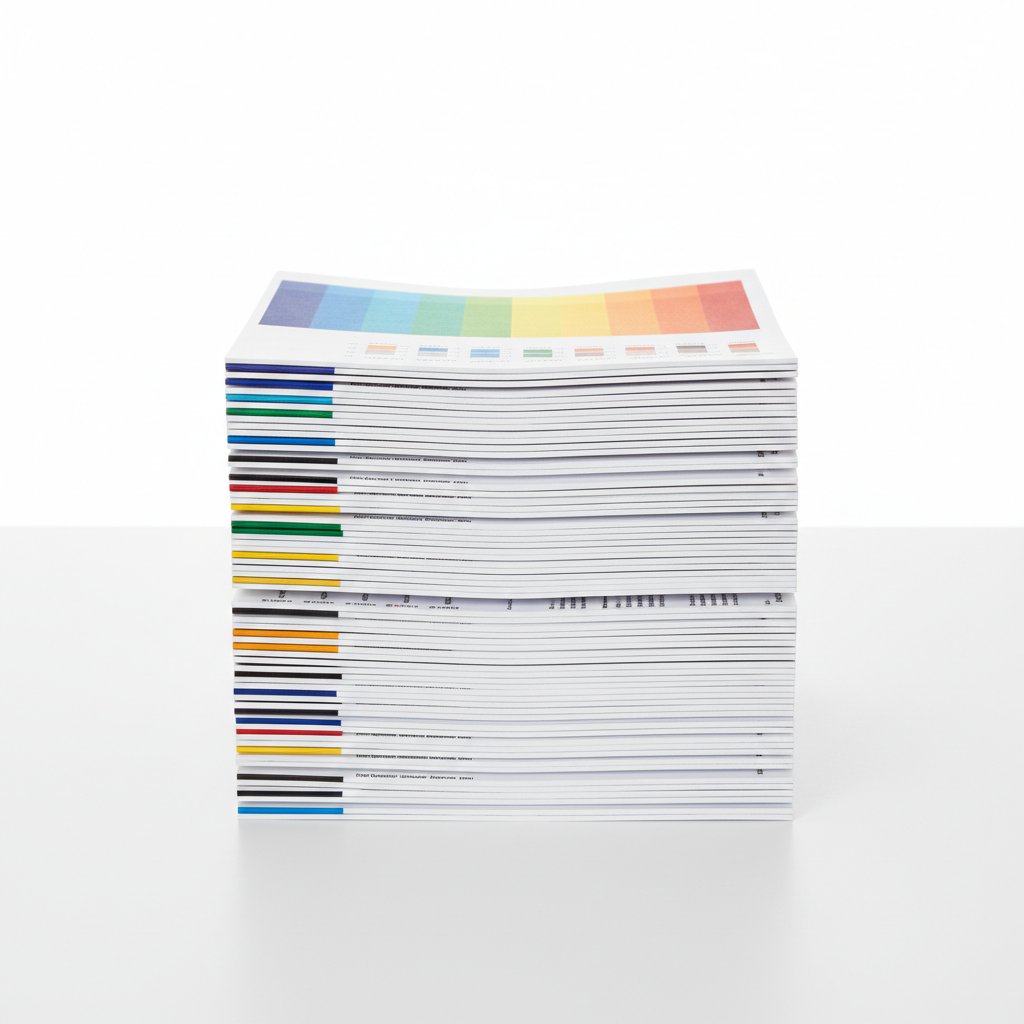 Colourful printed documents spread on a bright white desk, vivid presentation pages with charts and images