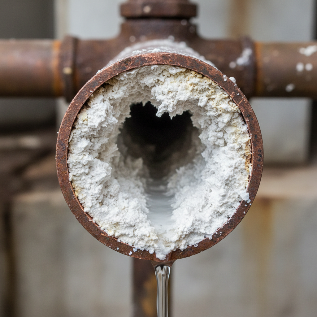 Cross-sectioned copper pipe showing thick white mineral scale buildup from hard water