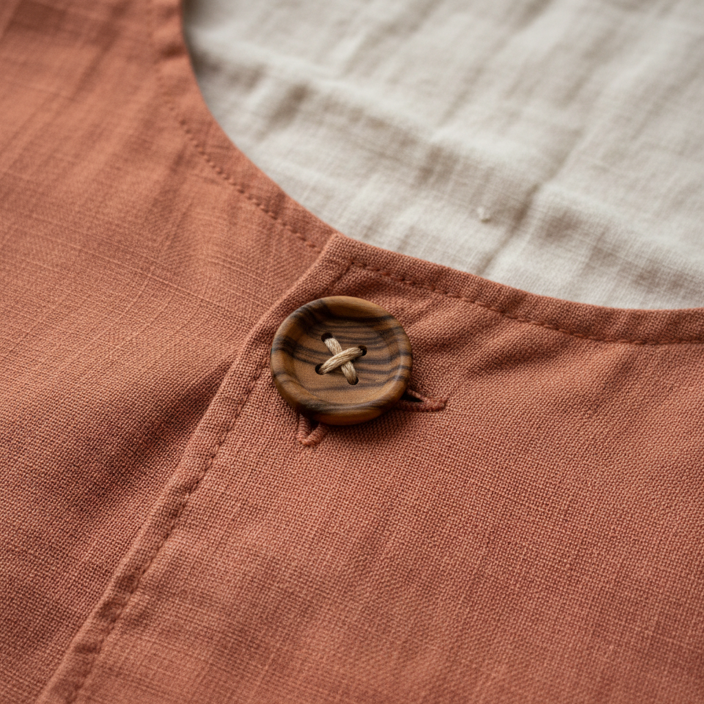 Close-up detail of linen fabric texture and minimal button closure on the jacket