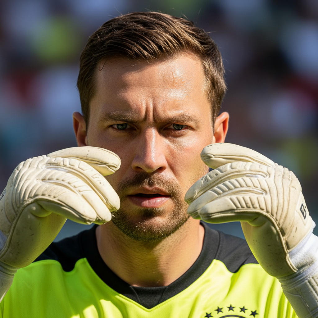 Soccer goalkeeper in dark gloves crouching in goal, stadium lights overhead
