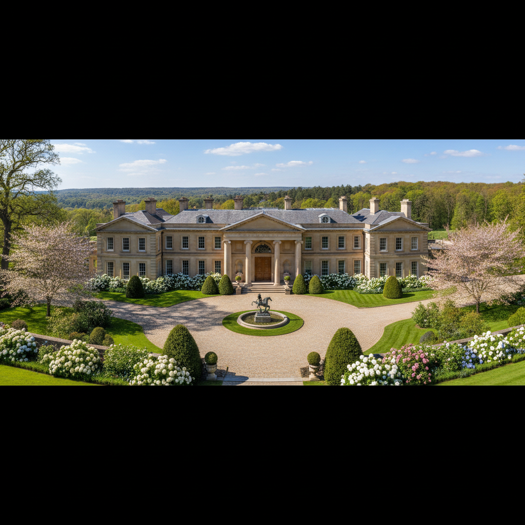 Grand luxury estate with sweeping grounds and architectural grandeur