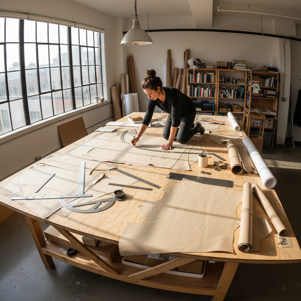 Pattern maker cutting paper patterns on large table, measuring tape and scissors, bright workshop environment