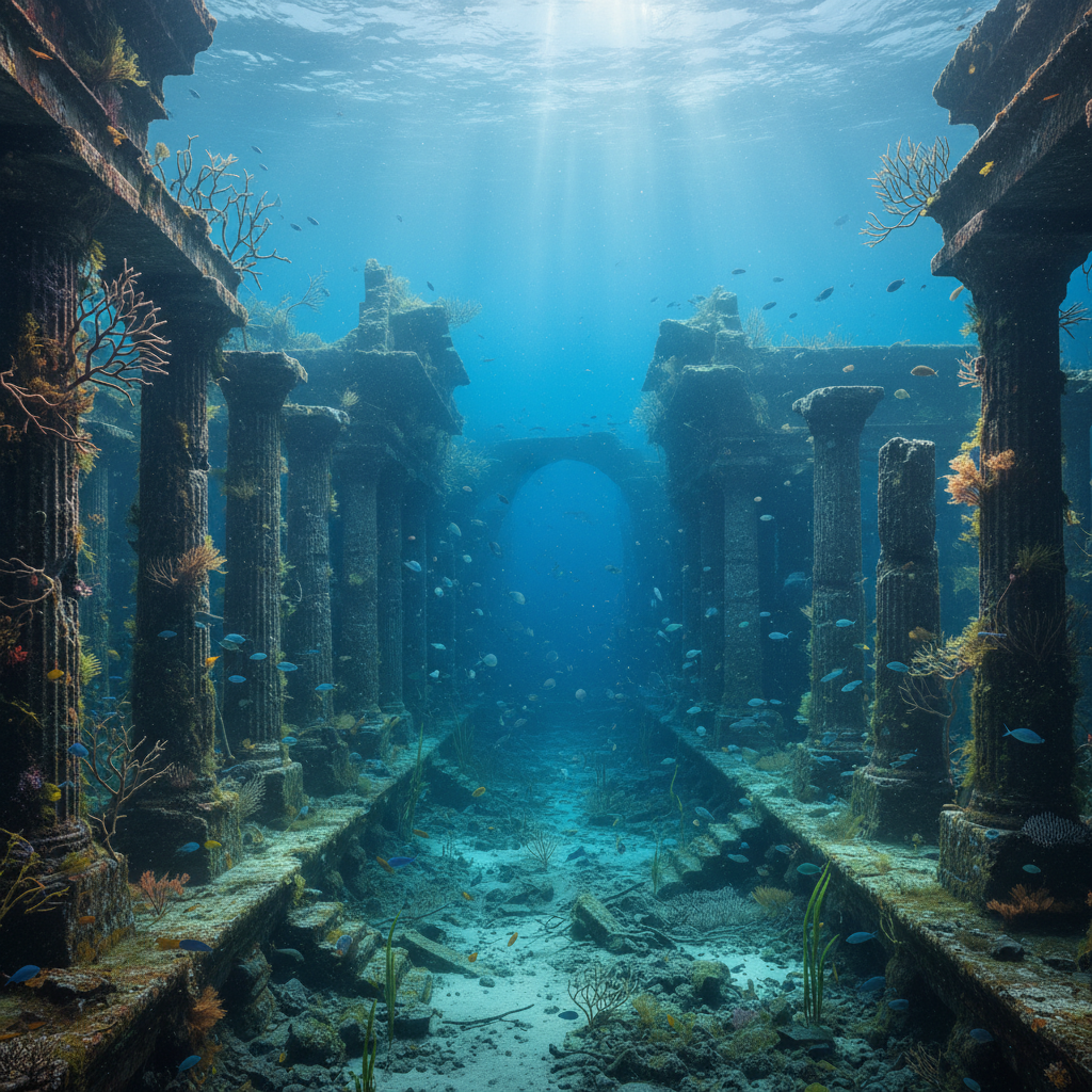 Video thumbnail: Underwater city ruins glowing with bioluminescent coral, schools of exotic fish