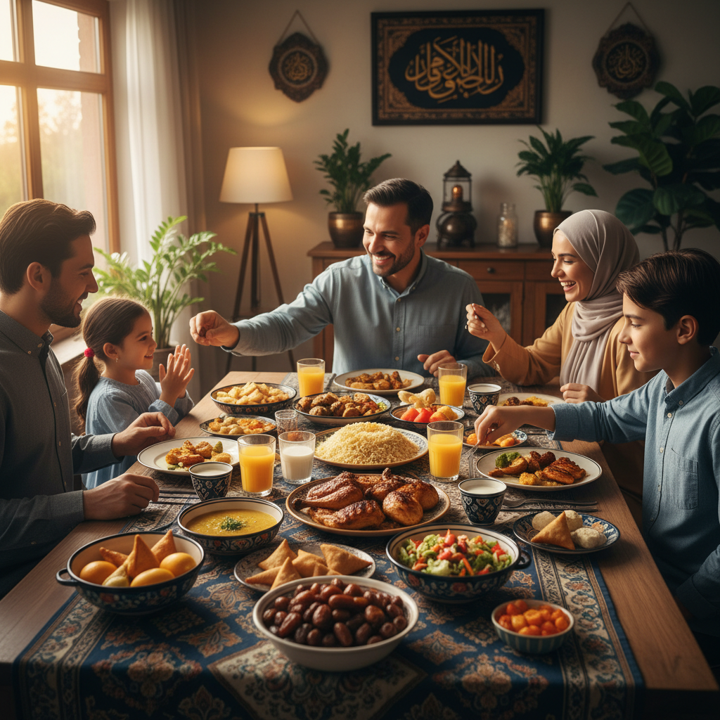 Beautifully arranged Iftar spread with colorful dishes, dates, traditional Middle Eastern foods, and decorative Islamic lanterns on ornate tablecloth