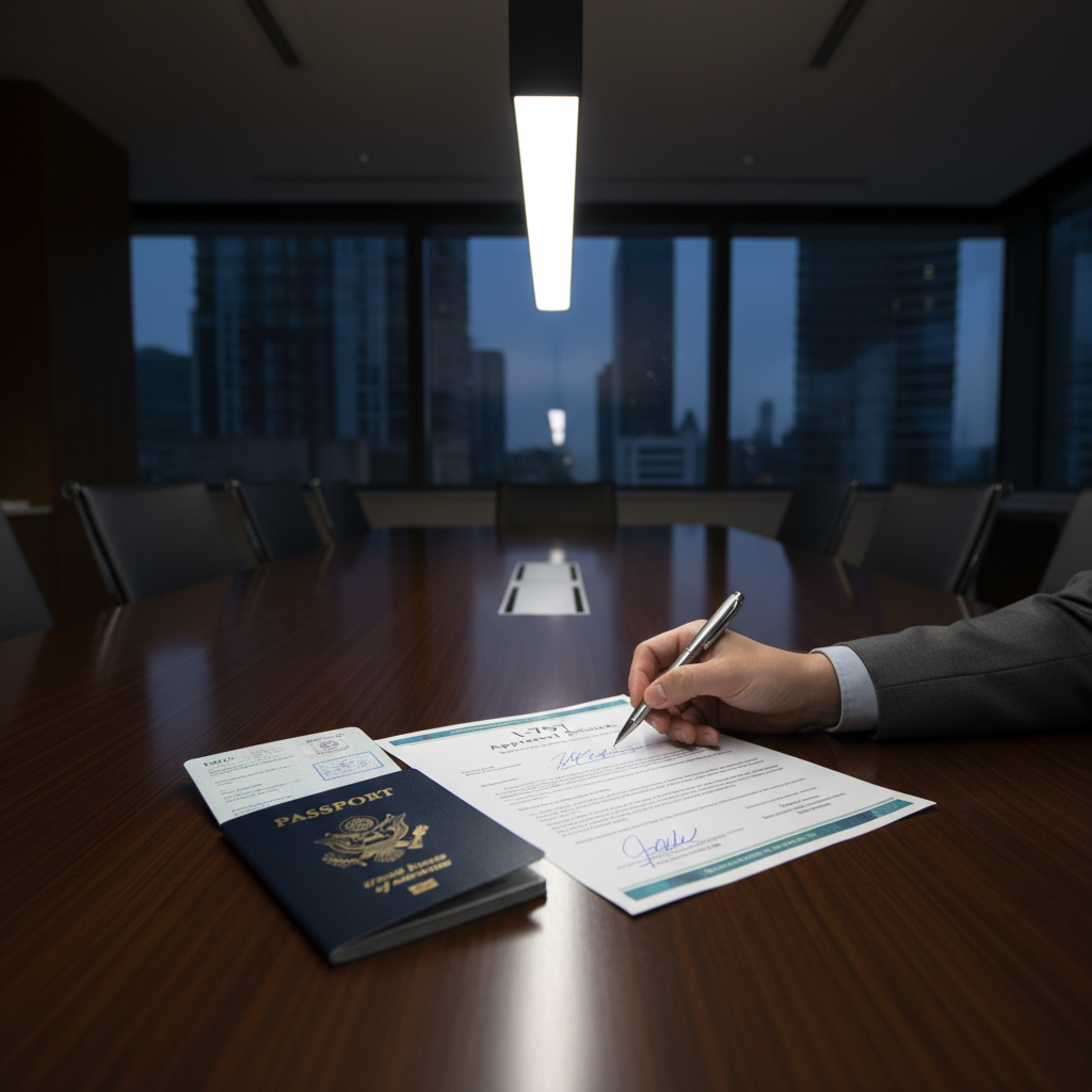 Conference table with passport, I-797 approval notice and pen mid-signature lit by single overhead fixture