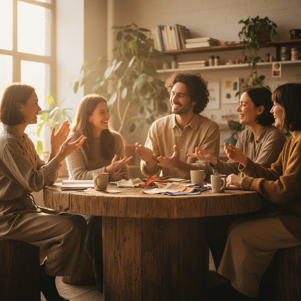 Small group gathered around a low table in animated discussion
