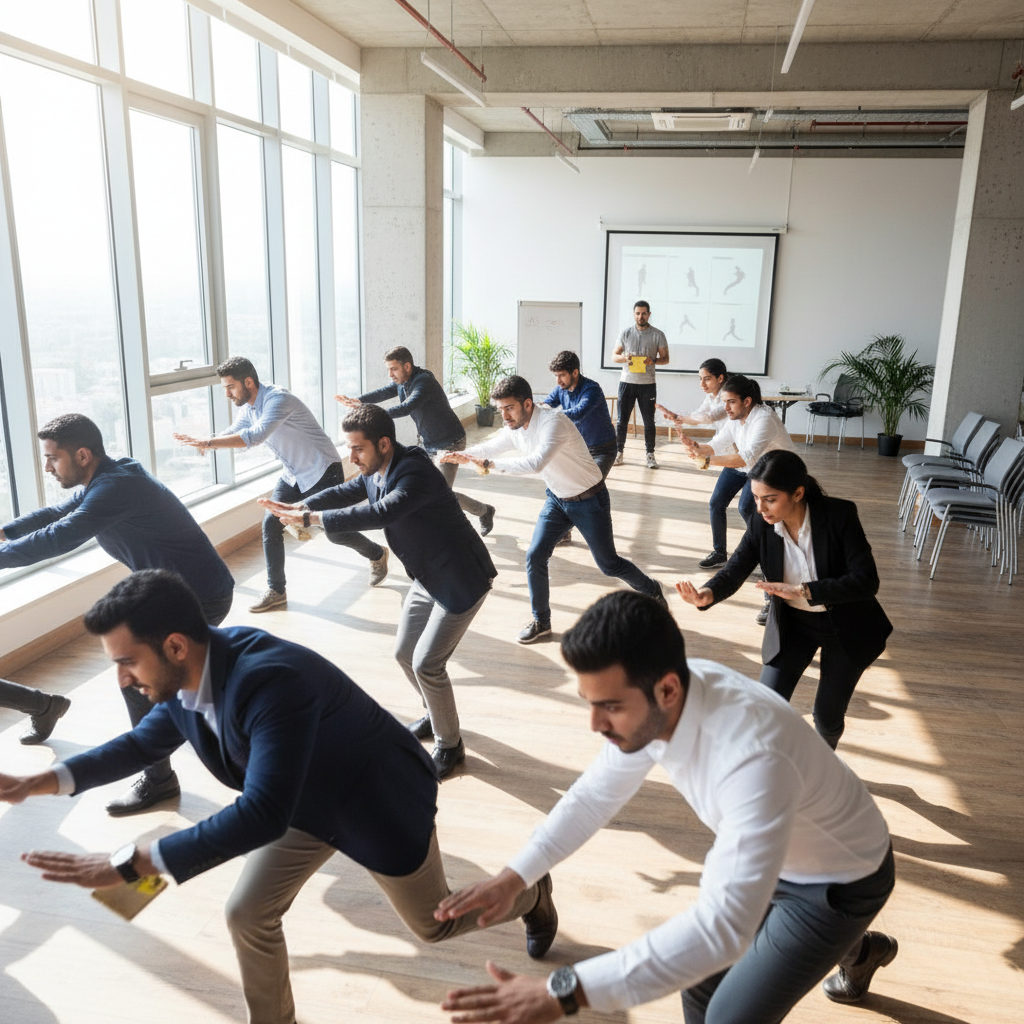 Young Kuwaiti professionals in training session learning moving techniques