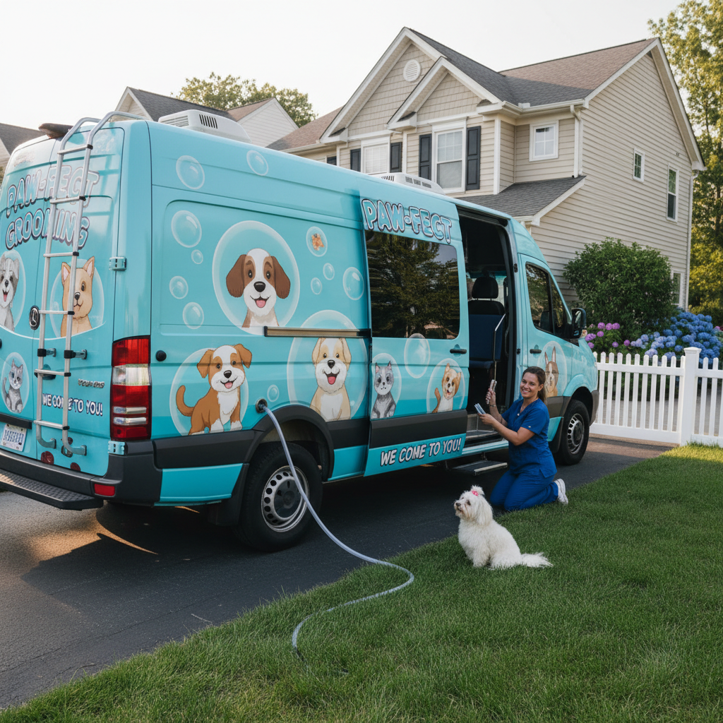 Mobile grooming van parked outside a suburban home with a small dog