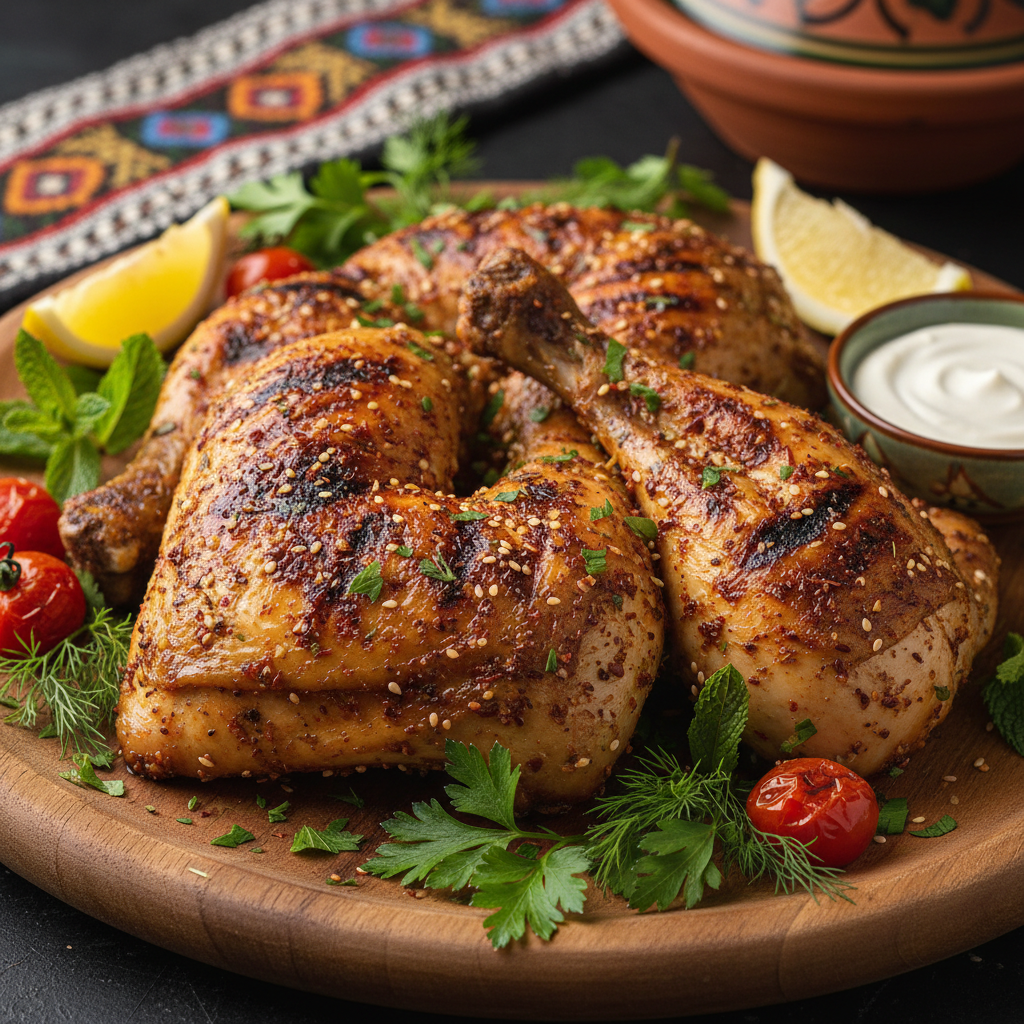 Warm atmospheric grilled chicken thighs with herbs and roasted vegetables on dark wooden board