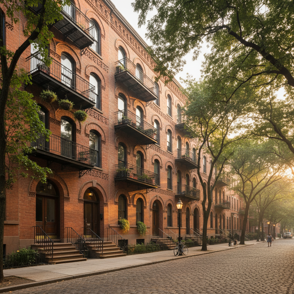 Walk-up apartment building in urban midtown neighborhood with tree-lined street at sunset