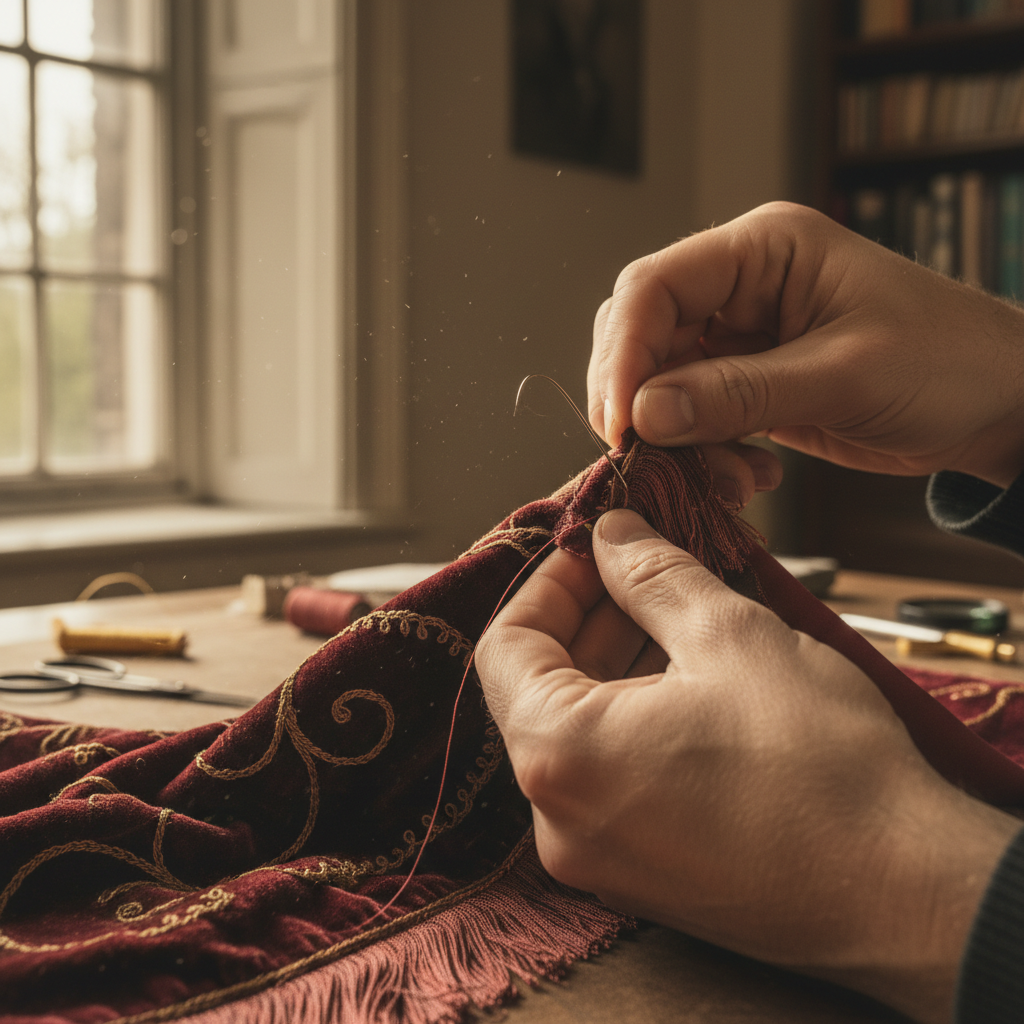 Skilled artisan performing delicate restoration work on antique velvet curtain fabric