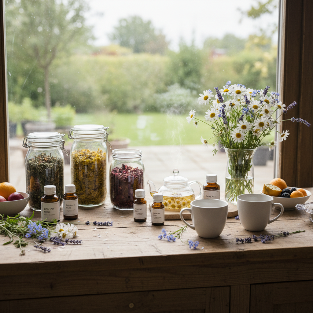 Wellness consultation setting with natural herbs, fresh vegetables, and health materials on a clean wooden table in warm natural light