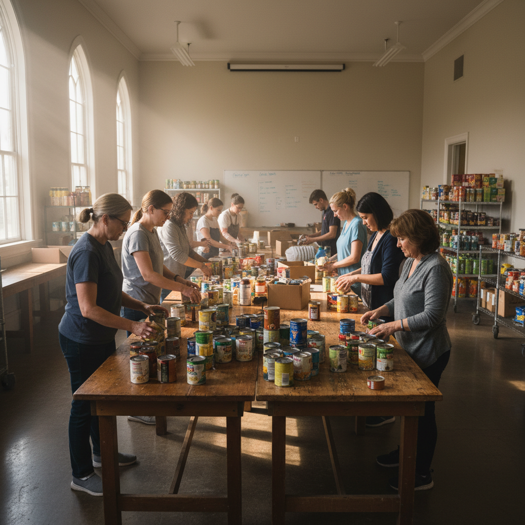 Church pantry volunteers sorting canned goods early in the morning, working together at long tables