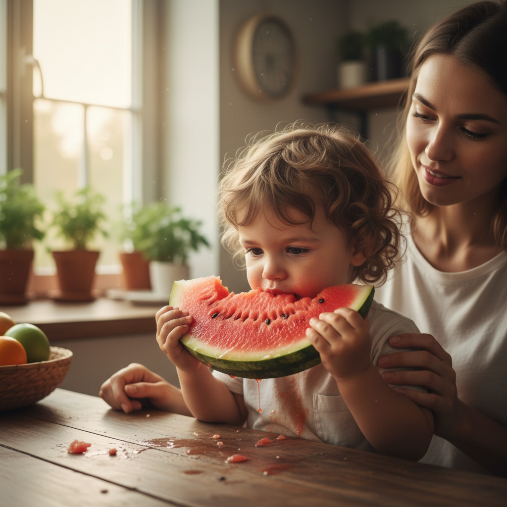 Child eating fruit with parent supervising