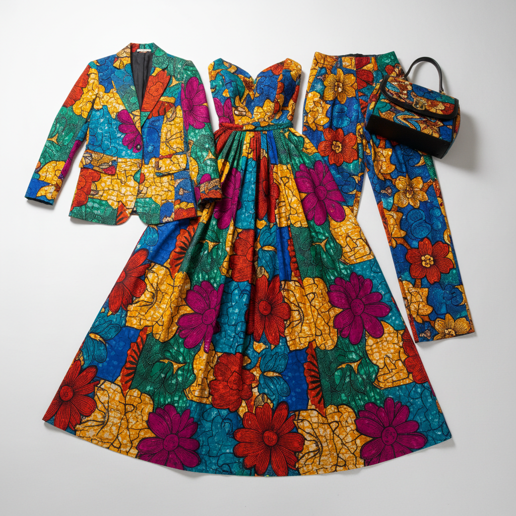 Colorful African print blazer jacket displayed on a clothing rack in natural light