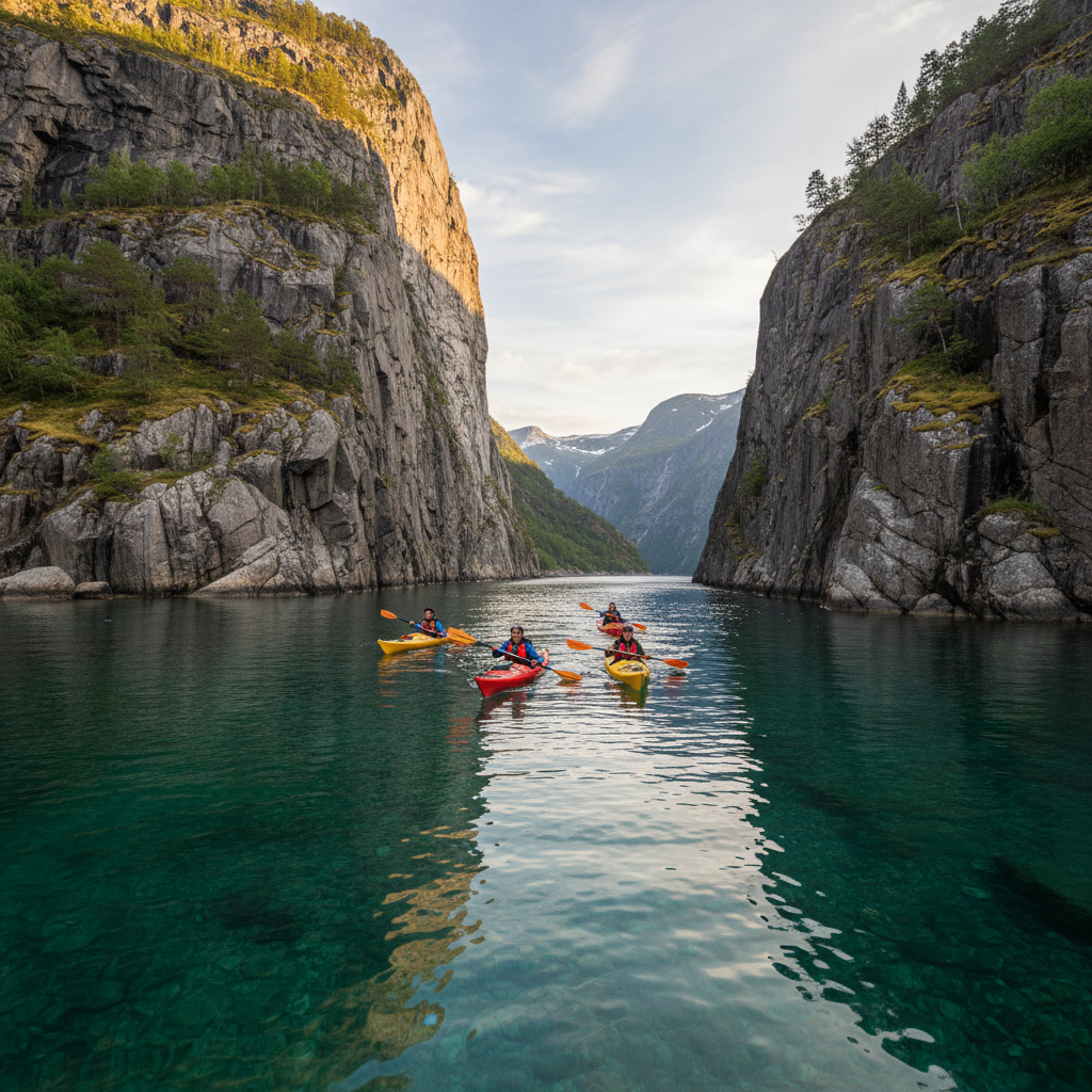 Sea kayaker paddling through narrow Norwegian fjord with towering cliff walls on both sides