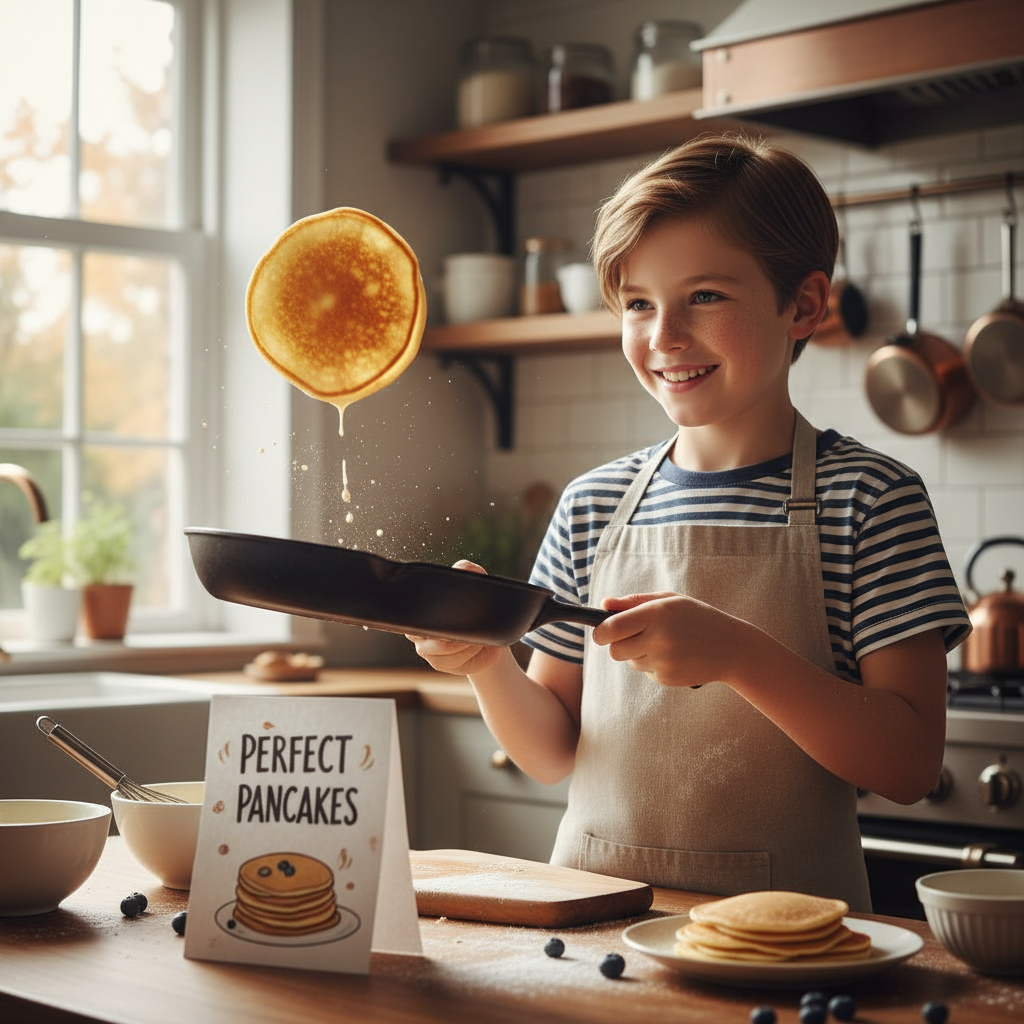 Eleven-year-old confidently flipping pancakes in a pan while following a recipe card