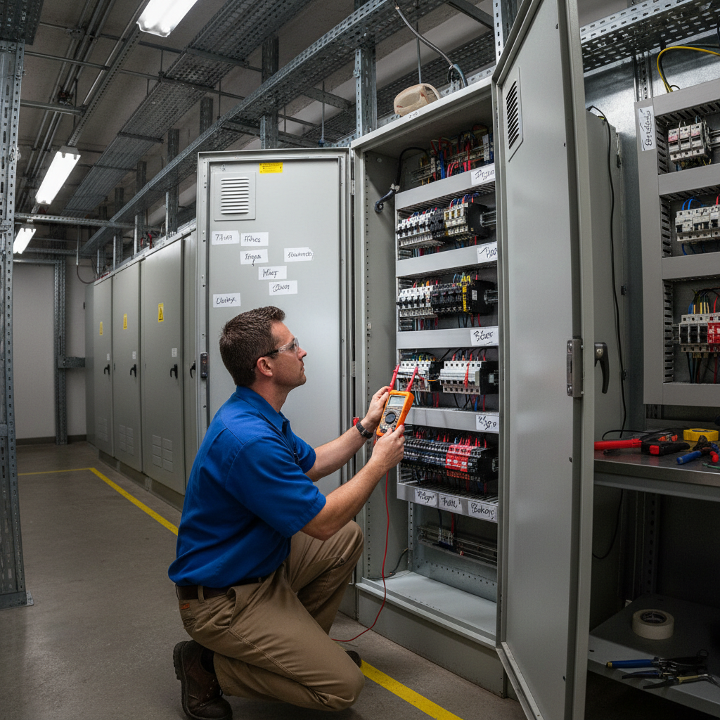 Licensed electrician in safety gear testing electrical panel with multimeter in commercial building