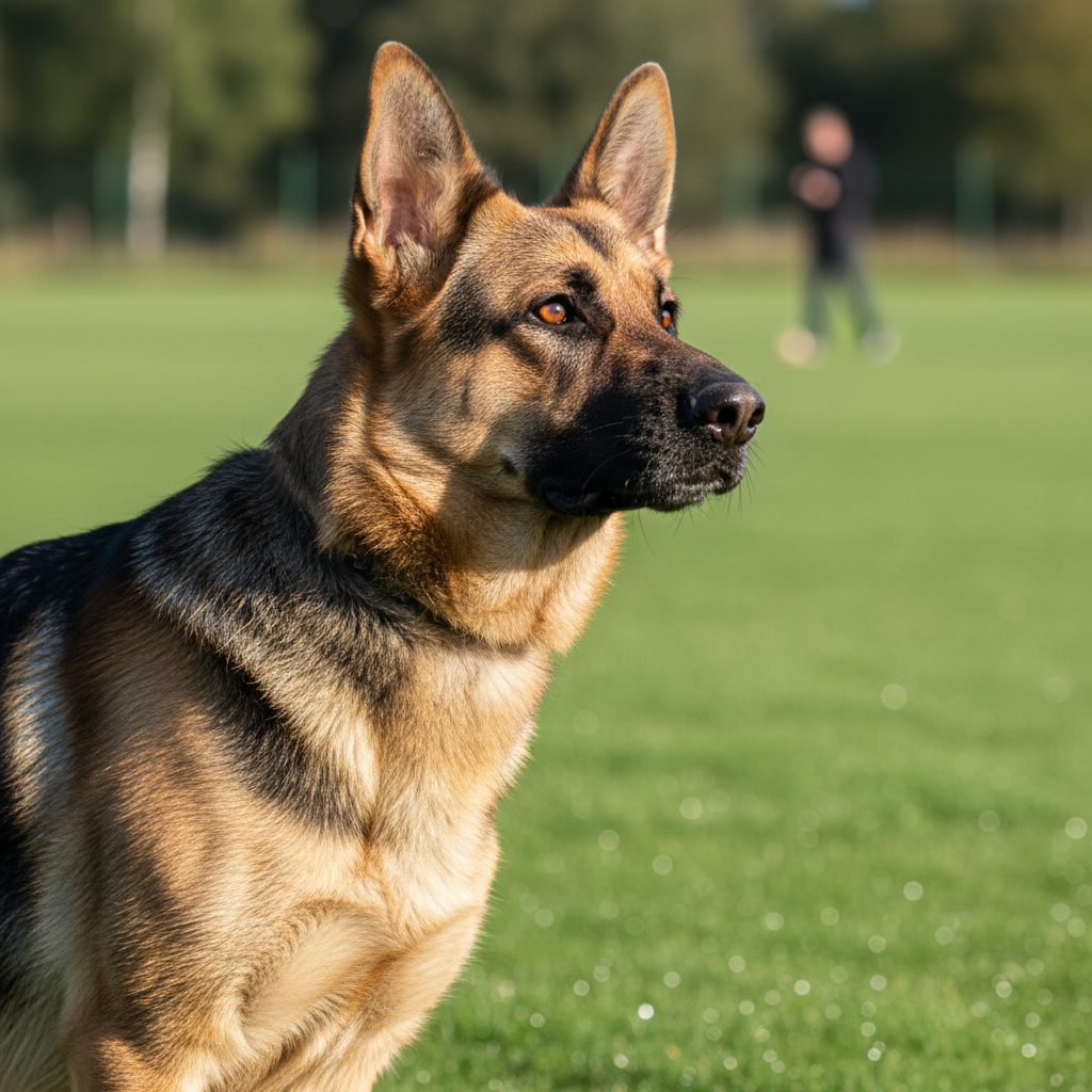 German shepherd with focused eyes locked on trainer during heel work on wet grass