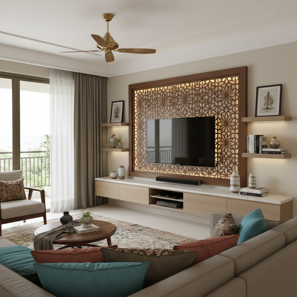 Modern TV unit with decorative CNC back panel and clean integrated design in Indian living room