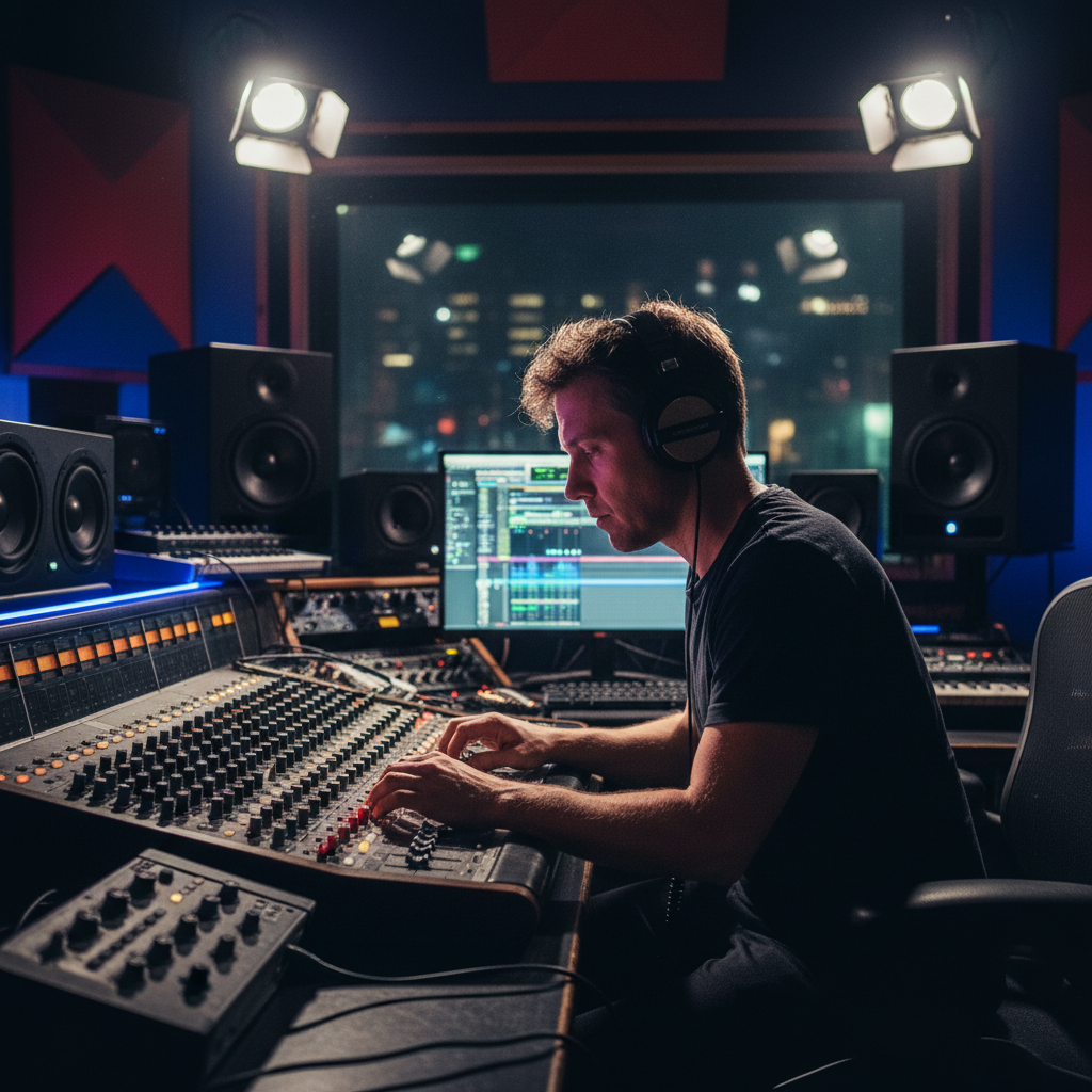 Professional music producer in a dark studio with headphones