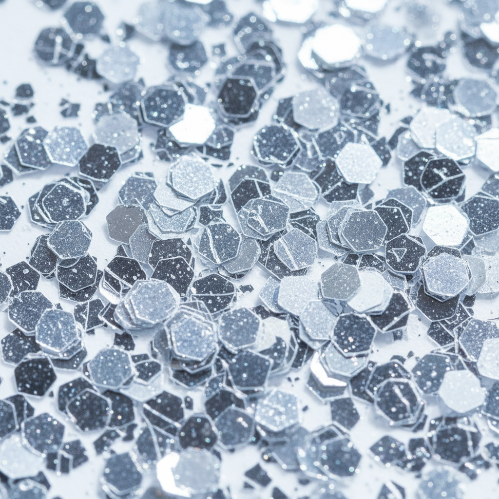 Harsh closeup of synthetic plastic glitter under bright white light, appearing cold and industrial