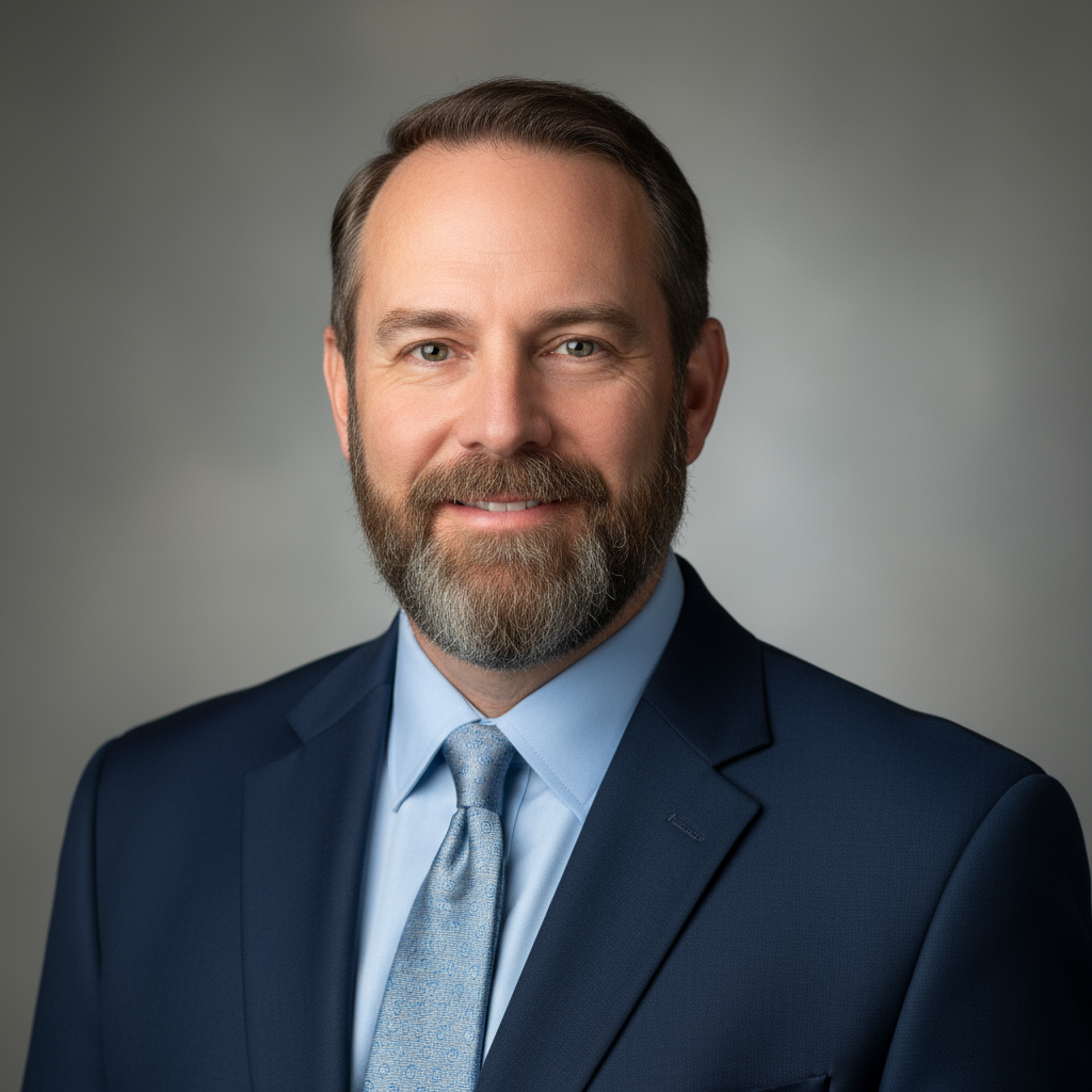 Professional headshot of middle-aged man with beard in navy suit jacket