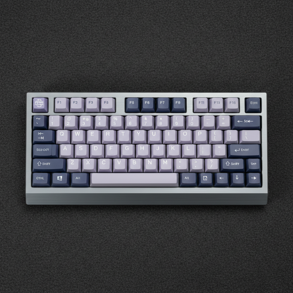 Oblique 65 Pro mechanical keyboard with lavender PBT keycaps on dark deskmat, brushed aluminum case
