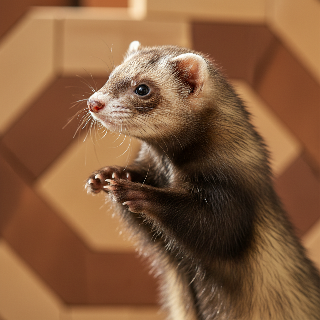 Sable ferret mid-stretch on cream paper, one paw lifted, sharp eyes, shallow depth of field with geometric wooden blocks blurred behind