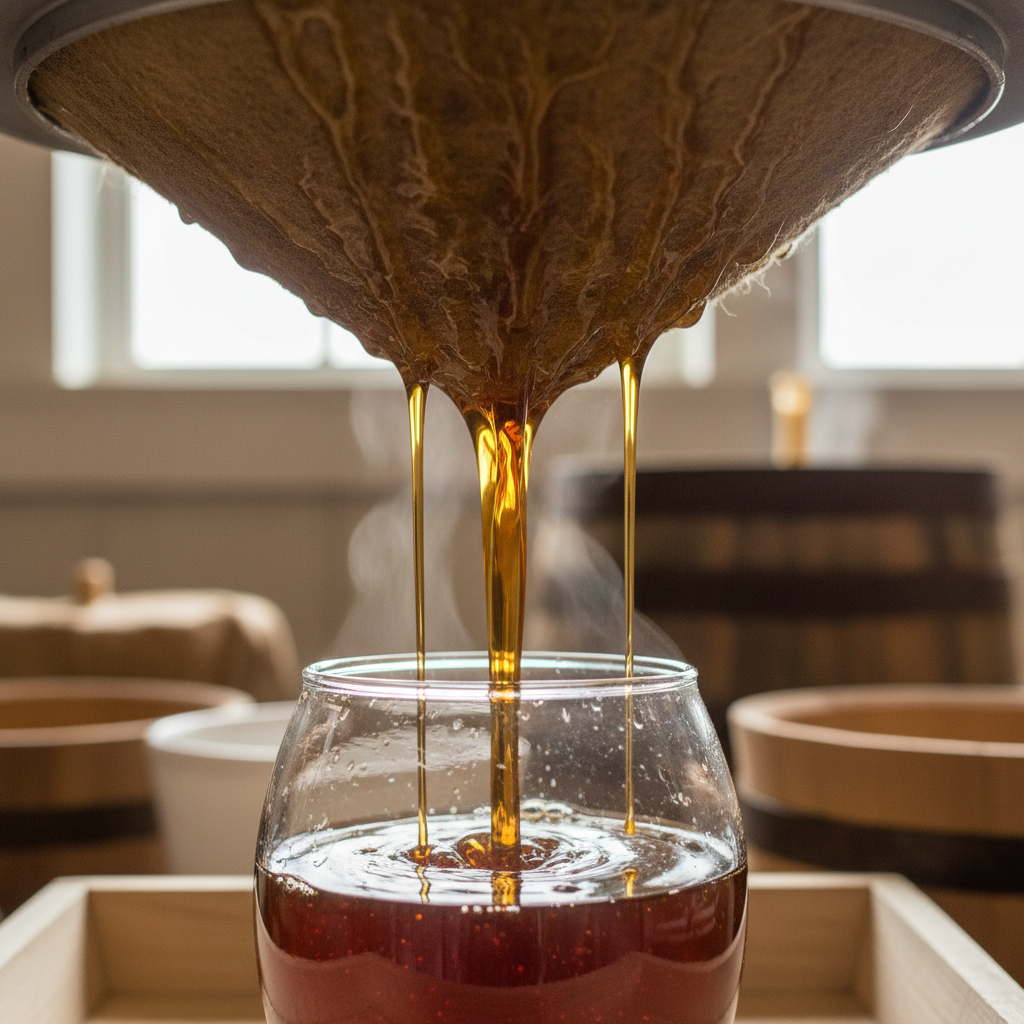 Close-up of a felt filter press straining hot maple syrup, amber liquid flowing through into a glass container