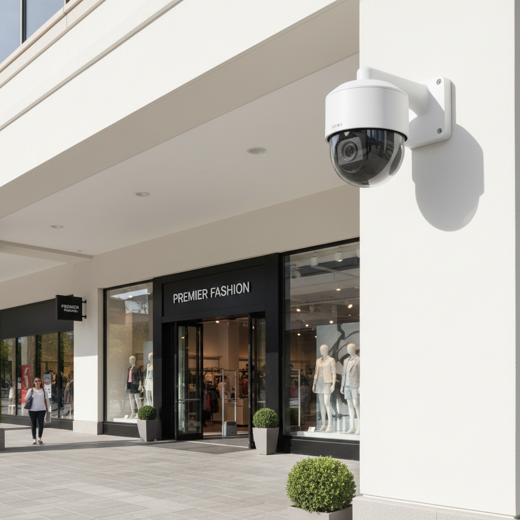 Modern CCTV security camera mounted on white wall in bright commercial space, clean professional installation