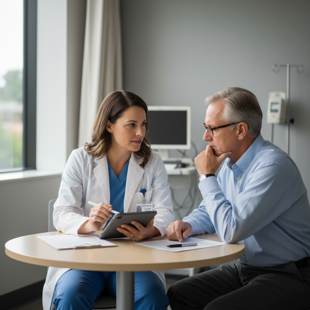 Dr. Ravi Kumar, General Physician at Family Care Clinic, consulting with patient in modern clinic