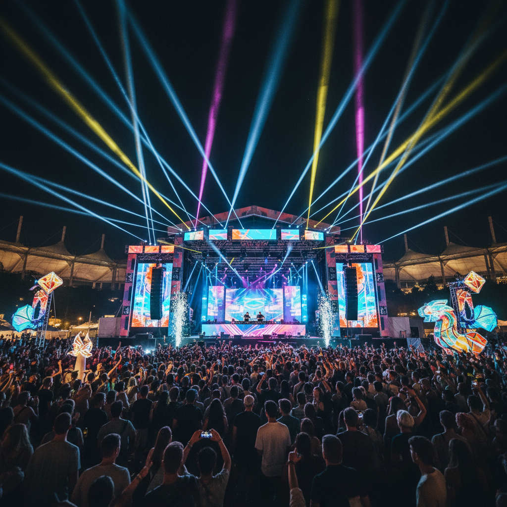 Outdoor festival stage with colorful lights and large crowd in dark evening atmosphere