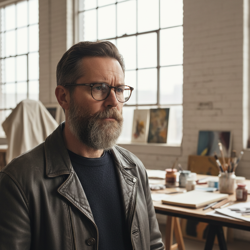 Middle-aged white man with beard, thoughtful expression, creative workspace