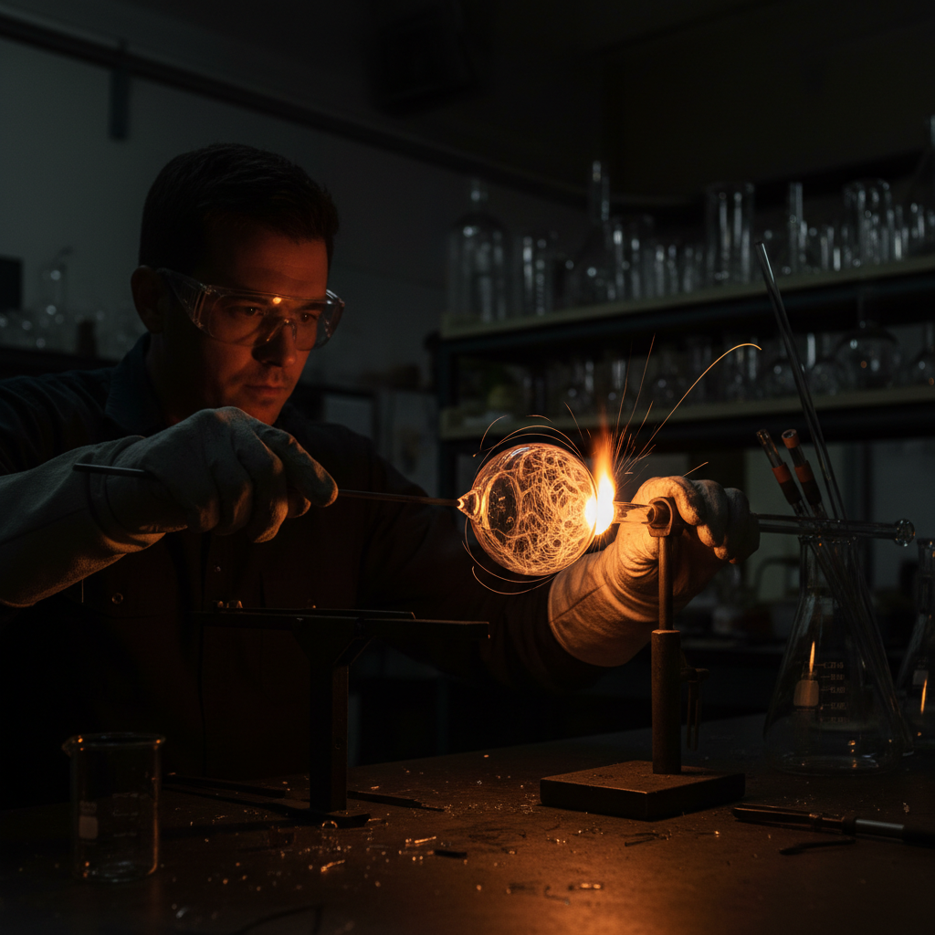 Laboratory glassblower shaping borosilicate flask with precision tools in dimly lit workshop