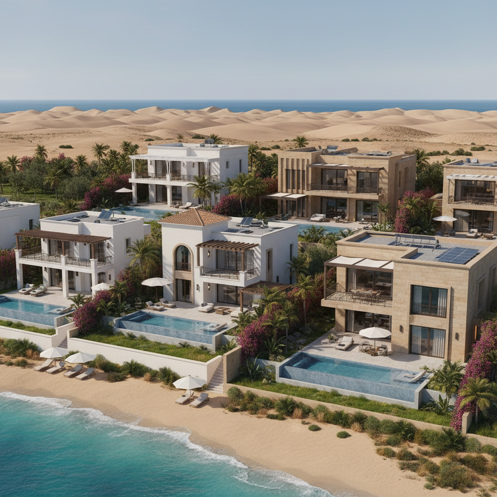 Desert oasis villa with private courtyard and swimming pool surrounded by sand dunes in Dubai UAE