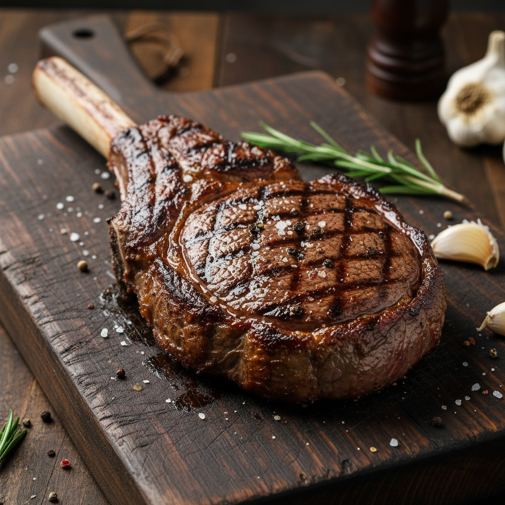 Close-up of grill marks seared into a dry-aged tomahawk steak