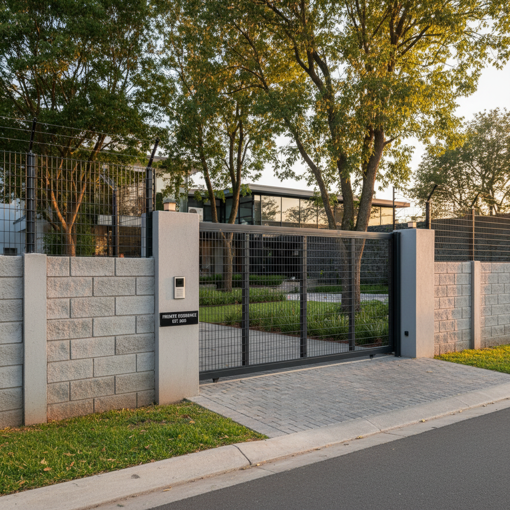 Residential estate boundary wall with anthracite ClearVu mesh panels and an automated sliding gate at the entrance