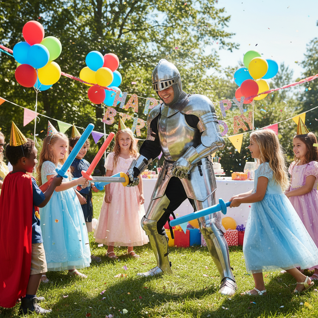 Knight character in armor doing sword play with children at a birthday party
