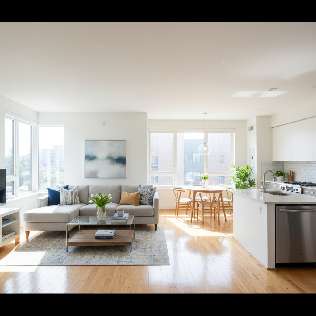 Modern California home interior with open living room, bright natural light, family-friendly and comfortable