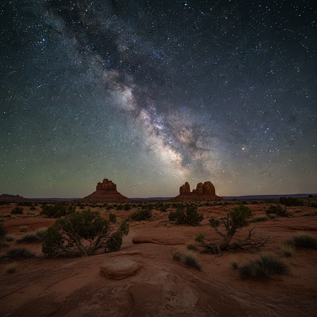 Remote Utah desert landscape at night with vast starry sky and isolated terrain
