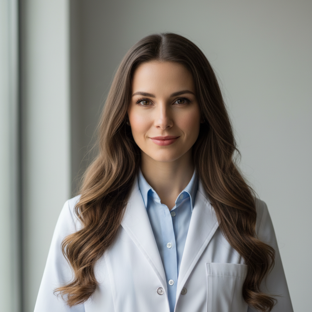 Professional headshot of female scientist in laboratory setting with neutral background