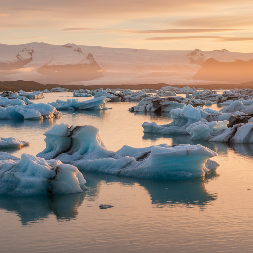 Icebergs floating in Jökulsárlón Glacier Lagoon at sunset Iceland