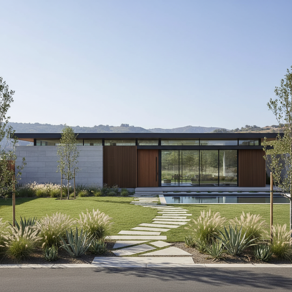 Small modern house on open prairie land, flat horizon, blue sky with clouds, minimalist residential design