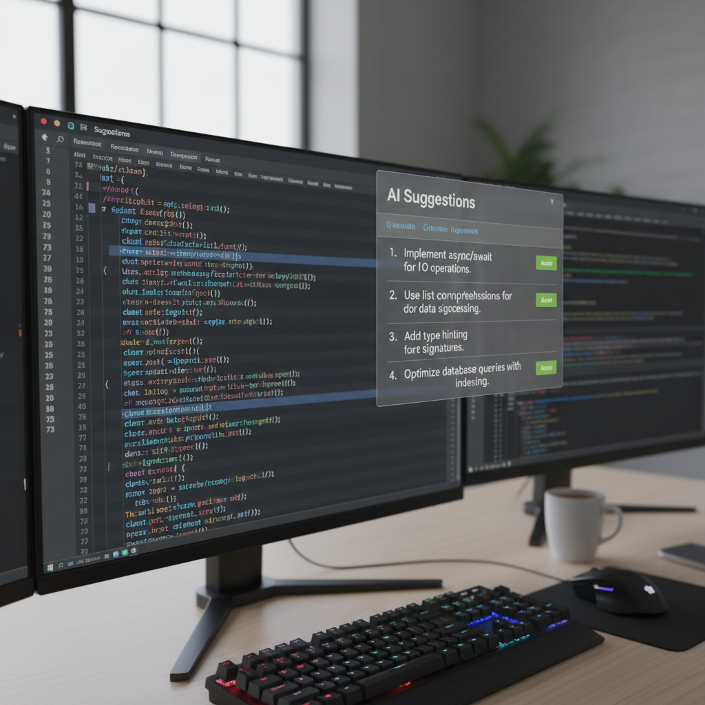 Dark code editor with colorful syntax highlighting and AI suggestion panel