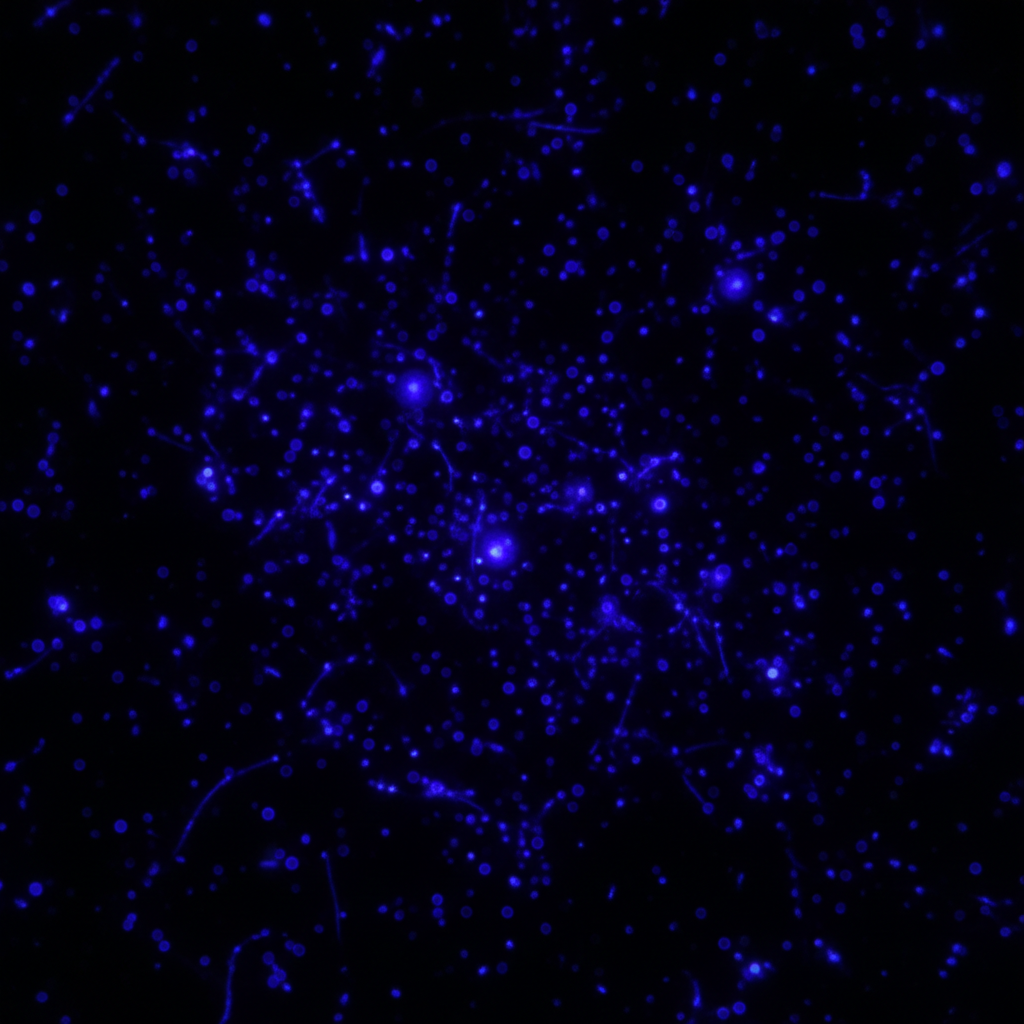 DAPI fluorescent probe glowing blue-violet under UV illumination in dark field microscopy